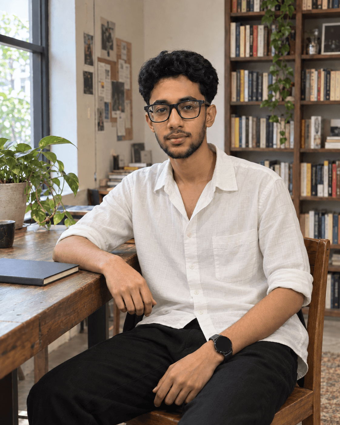 Dev Agarwal seated beside a bookshelf